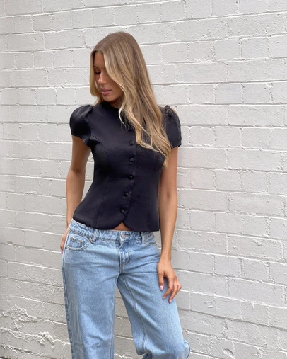Beginning Boutique - Amelina Black Button Up Organza Top