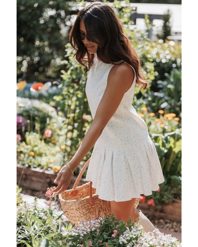 Petal & Pup - Elarina Pleated Mini Dress - White Ditsy Floral