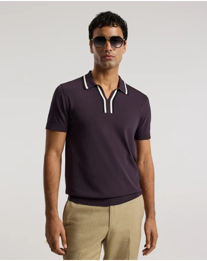 Calibre - Stripe Open Neck Knit Polo Plum