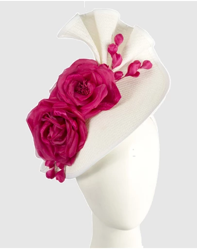 Fillies Collection - Bespoke Sculpted White Fuchsia Racing Fascinator