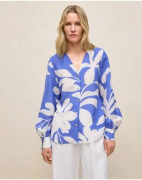 Trenery - Marea Textured V Neck Blouse in Vivid Blue