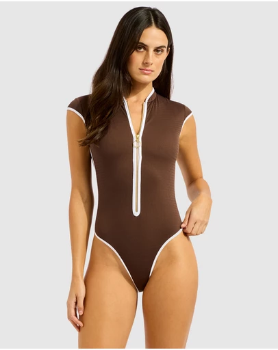 Seafolly - Beach Bound Cap Sleeve Zip Front One Piece Swimsuit