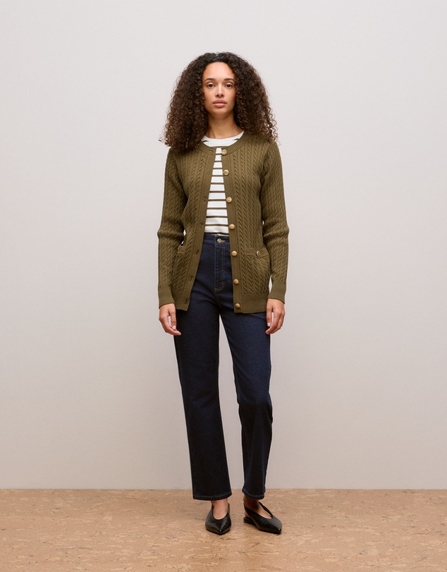 Trenery - Cotton Cable Knit Longline Cardigan in Dark Khaki