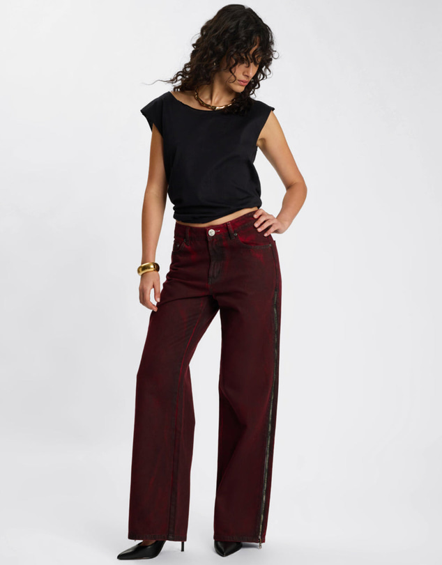 ONE TEASPOON - Jackson Mid Waist Wide Leg Denim Jeans - Oil Stained Maroon