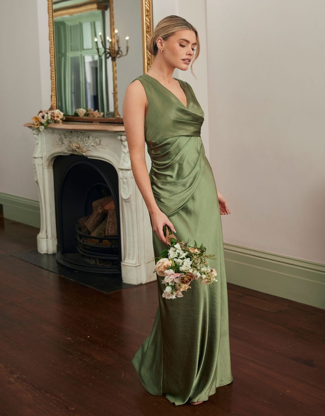 Six Stories - Plunge Drape Detail Satin Bridesmaid Dress