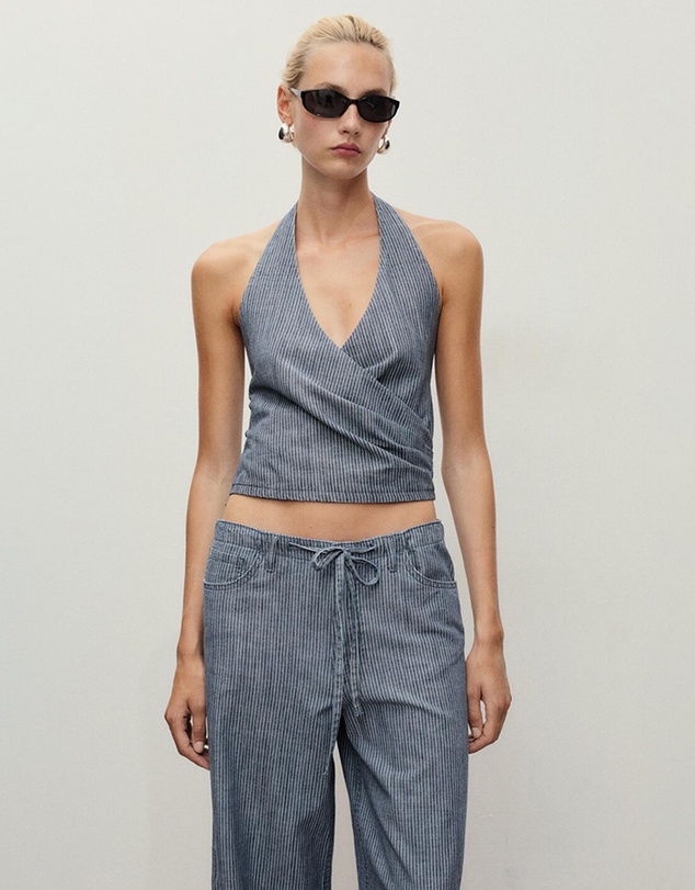 M.N.G - Striped Crossover Denim Top