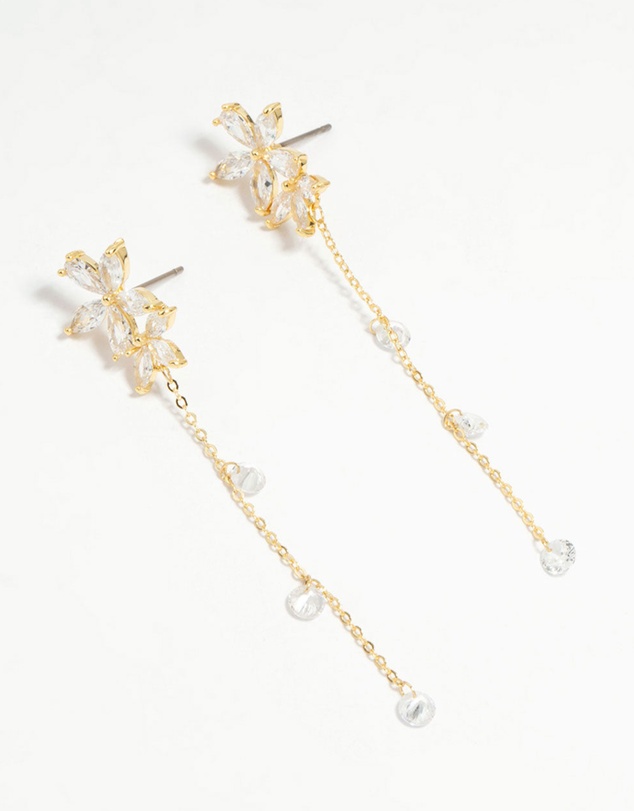 Lovisa - Gold Plated Cubic Zirconia Flower Chain Drop Earrings