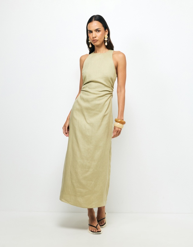 AERE - Elow Ruched Linen Midi Dress