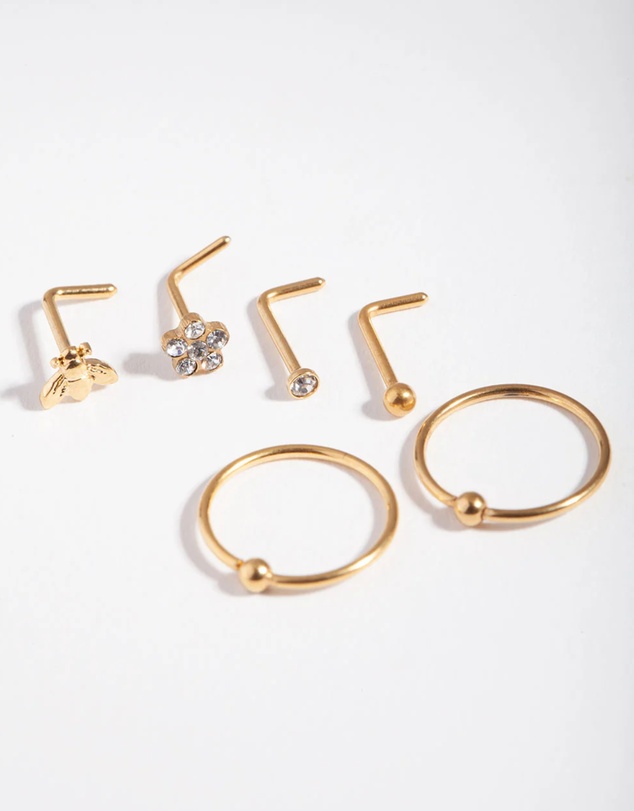 Lovisa - Gold Surgical Steel Flower & Bee Nose Stud 6-Pack