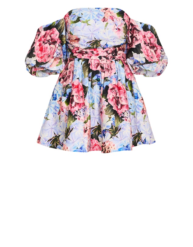 City Chic - Plus size Rosa Garden Print Puff Sleeve Mini Dress - sky blue