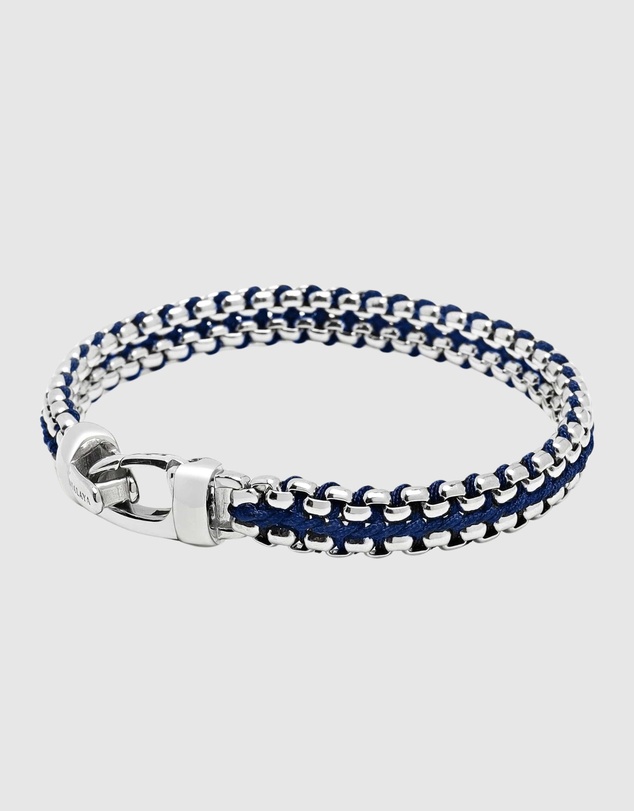 Nialaya Jewellery - Men's Navy Woven 8mm Box Chain Bracelet in Silver