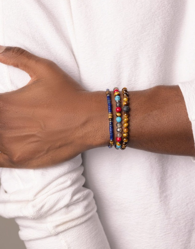Nialaya Jewellery - Men's Wristband with Blue Lapis and Brown Tiger Eye Heishi Beads