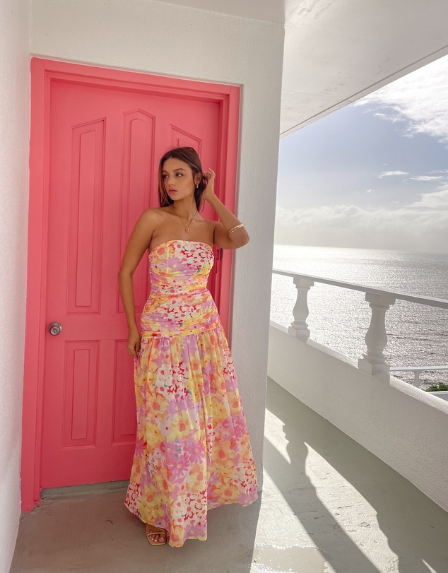 Beginning Boutique - Sinclair Yellow Floral Print Strapless Maxi Dress