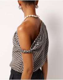 AERE - Isla Linen Gingham Off Shoulder Top