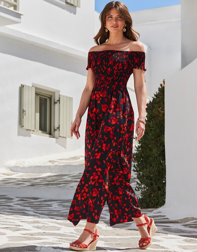 Sosandar - Floral Print Shirred Body Bardot Maxi Dress