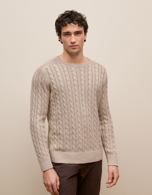 Trenery - Linen Cotton Cable Crew in Stone