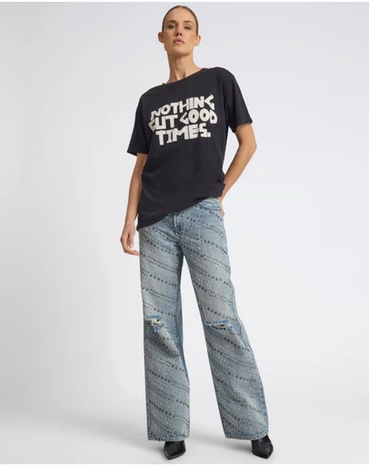 ONE TEASPOON - 25th Anniversary Limited Edition Jackson Mid Waist Wide Leg Studded Denim Jeans - Salty Dog