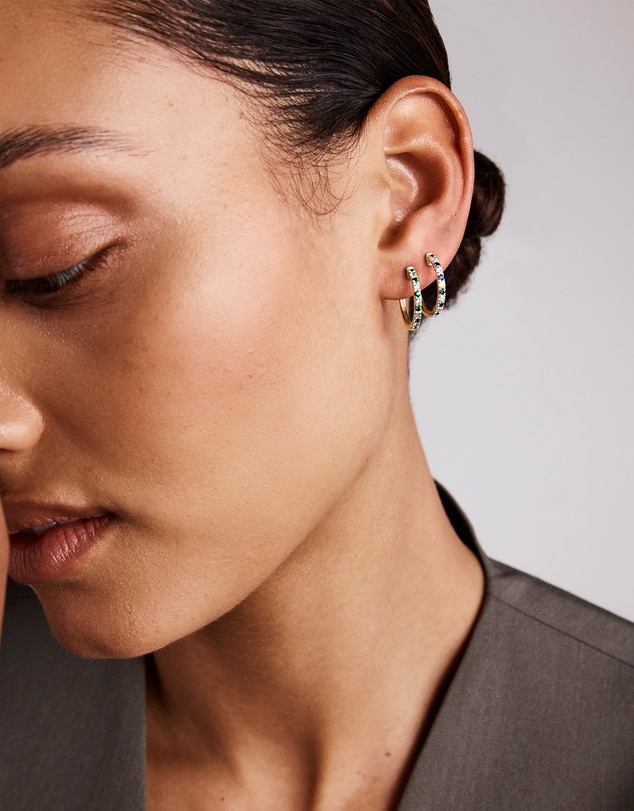 Michael Hill - 0.22 Carat TW Diamond and Created Sapphire Huggie Hoop Earrings in 10kt Yellow Gold