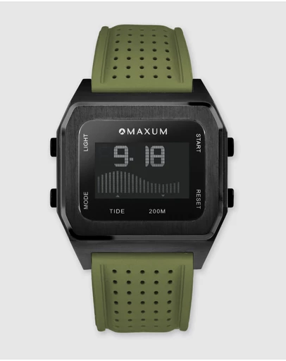 Maxum - Raglan Tide Watch – Black Case, Black Dial & Green Silicone Strap