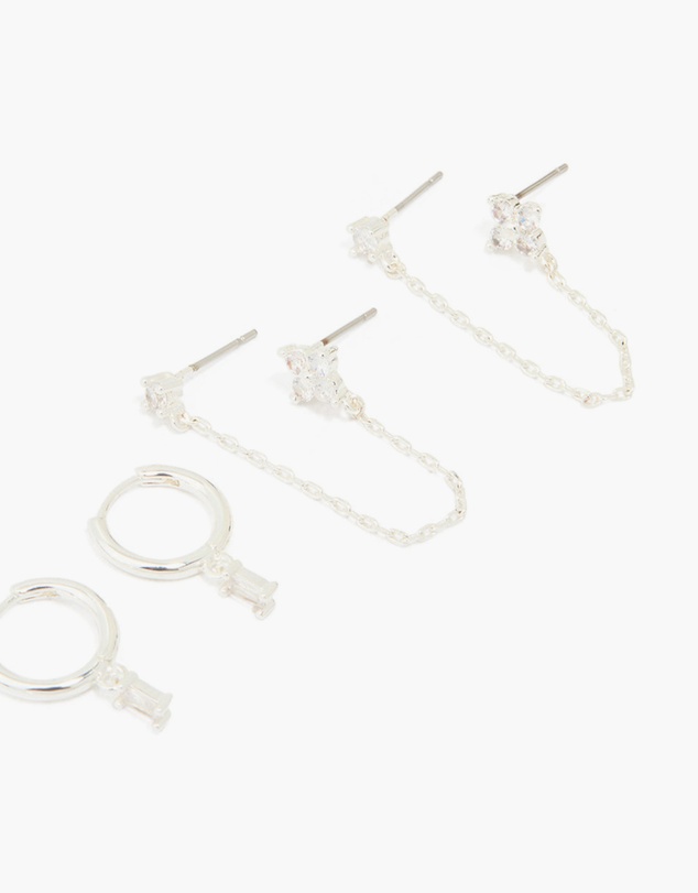 Lovisa - Silver Plated Brass Cubic Zirconia Chain & Stud Earrings 3-Pack