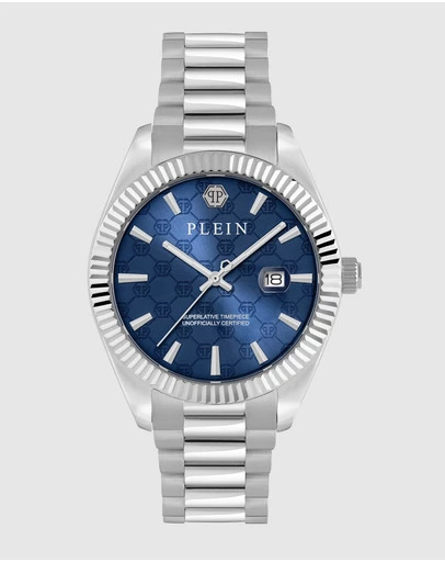 Philipp Plein - Philipp Plein Date Superlative 40mm Blue Dial Recycled Silver-Tone Stainless Steel Bracelet Watch