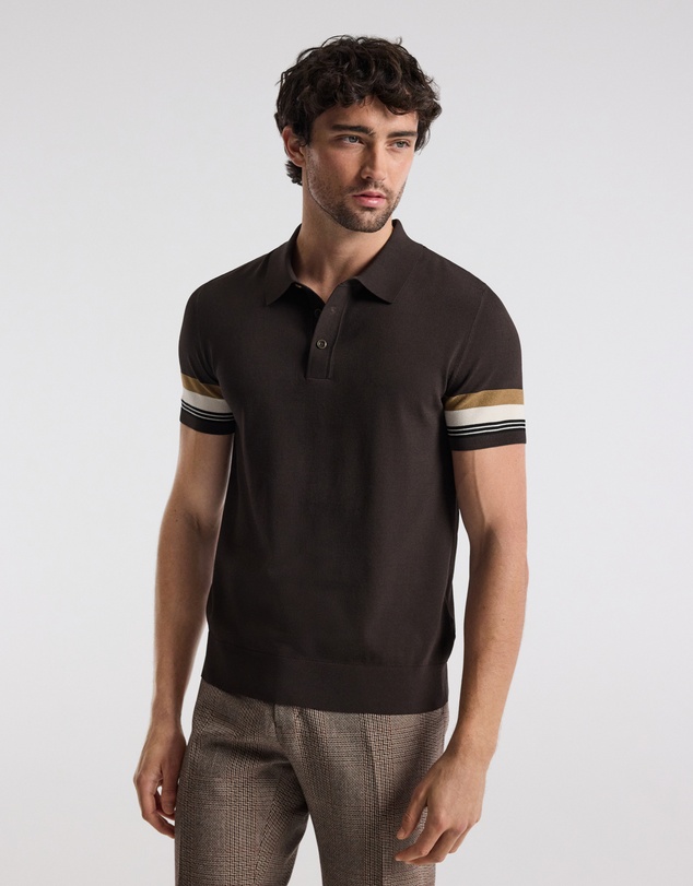 Calibre - Contrast Cuff Technical Knit Polo Chocolate