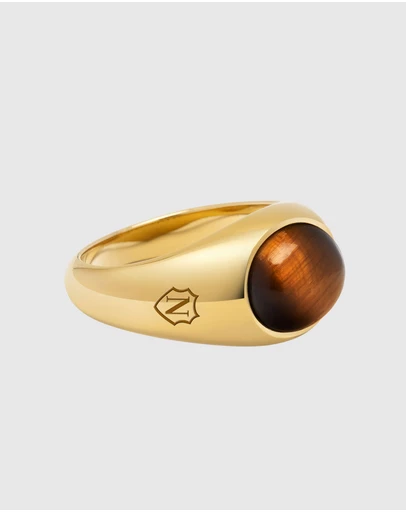 Nialaya Jewellery - Gold Oval Signet Ring with Brown Tiger Eye