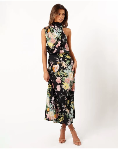 Petal & Pup - Anabelle Halter Neck Midi Dress - Black Floral