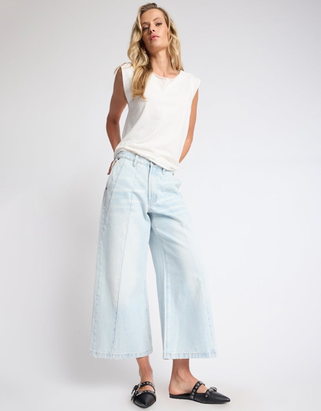 ONE TEASPOON - Hayden Mid Waist Wide Leg Cropped Denim Jeans - Bel Air Blue