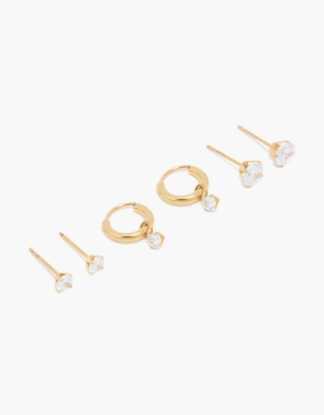 Lovisa - Waterproof Gold Plated Stainless Steel Cubic Zirconia Hoop & Stud Earrings 3-Pack