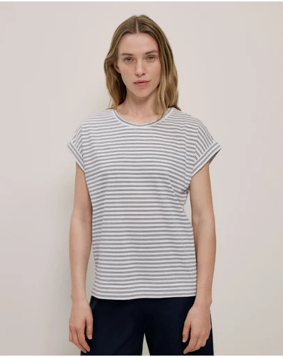Trenery - Australian Cotton Stripe Cuff Detail T-shirt in Night Sky