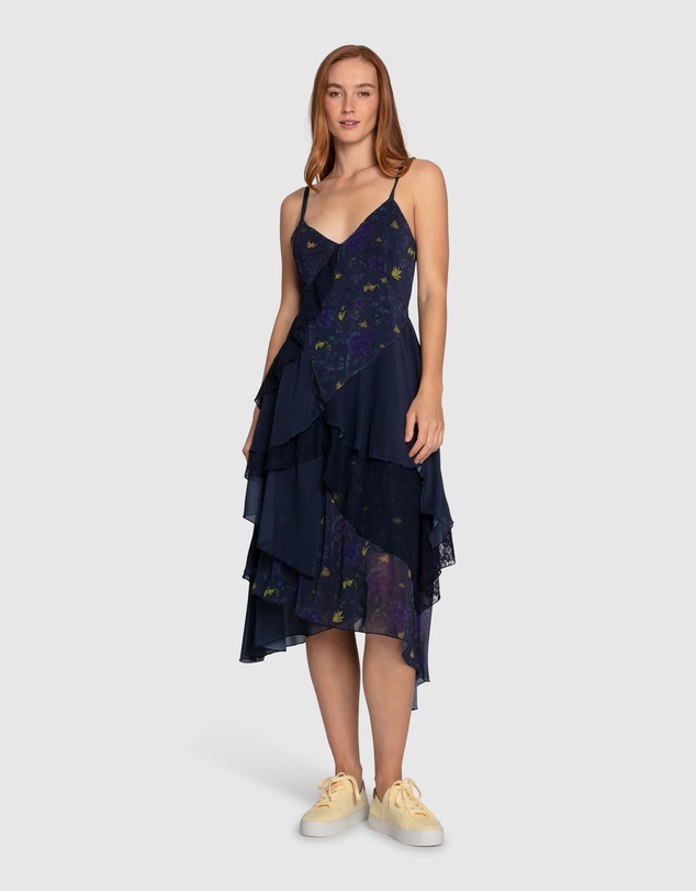 Belle & Bloom - Charmed Floral Print Ruffle Midi Dress
