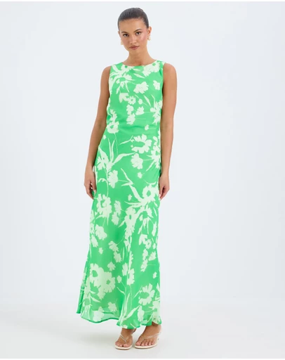 Calli - Aurora Verde Floral Print Bias Boat Neck Midi Dress