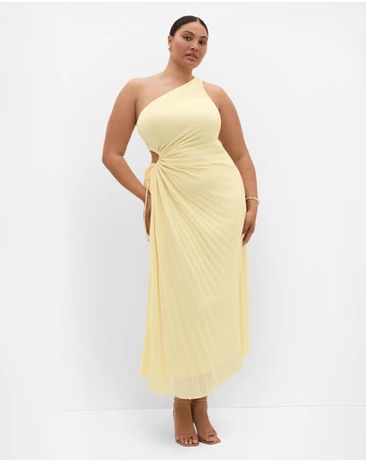 City Chic - Plus size Aliza One Shoulder Pleat Chiffon Maxi Dress - lemon