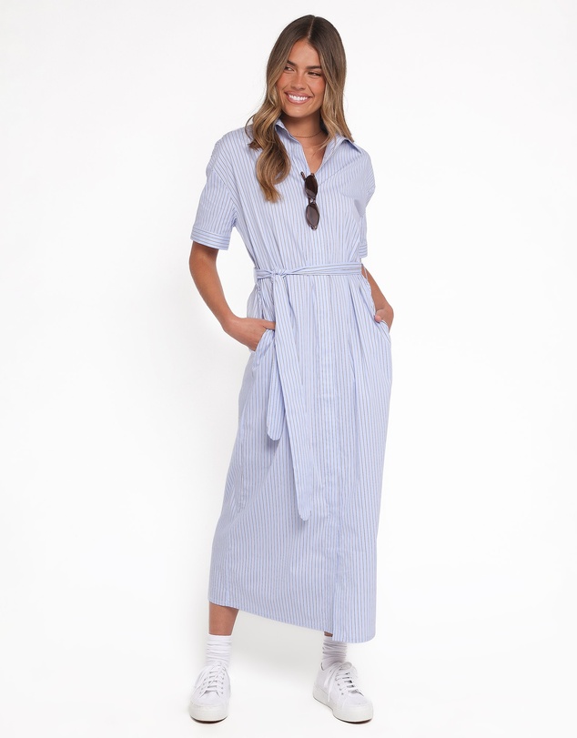 Petal & Pup - Morrison Short Sleeve Shirt Dress - Blue Brown Stripe