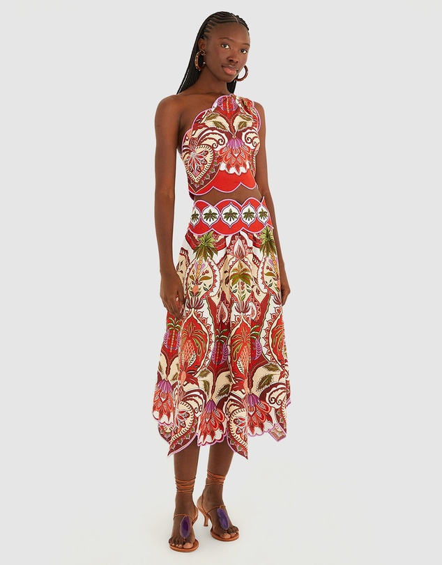 Farm Rio - Odara Red Scallops Midi Skirt