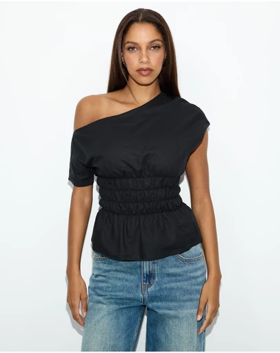 Dazie - Crushing On You Ruched One Shoulder Linen Blend Top