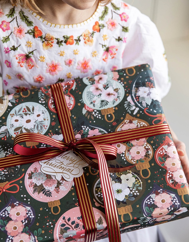 Bespoke Letterpress - Gift Wrap - Christmas Ornaments / Floral Fields - Double Sided 6pk