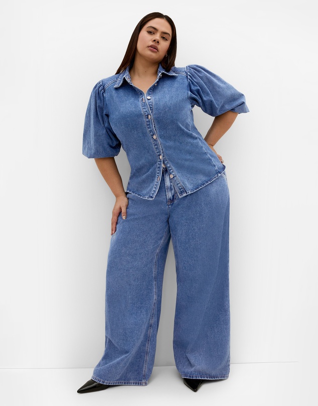 City Chic - Plus size Jessie Balloon Sleeve Denim Shirt - mid wash