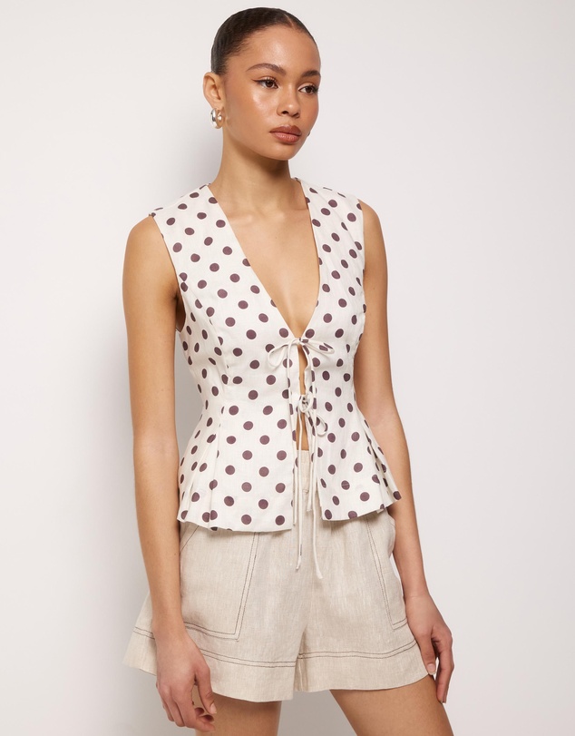 AERE - Polka Dot Linen Tie Front Top