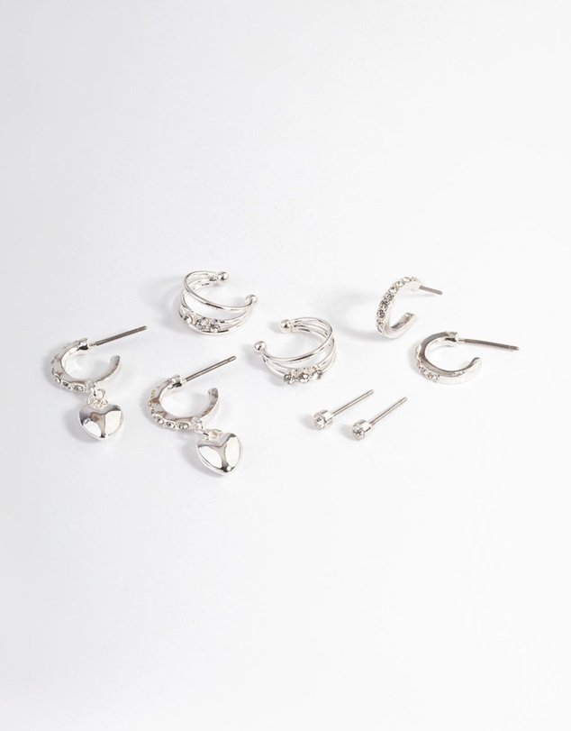Lovisa - Silver Crystal Puffed Heart Earrings 4-Pack