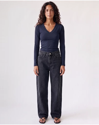 Style Addict - Margaux Deep V Henley Top - Navy
