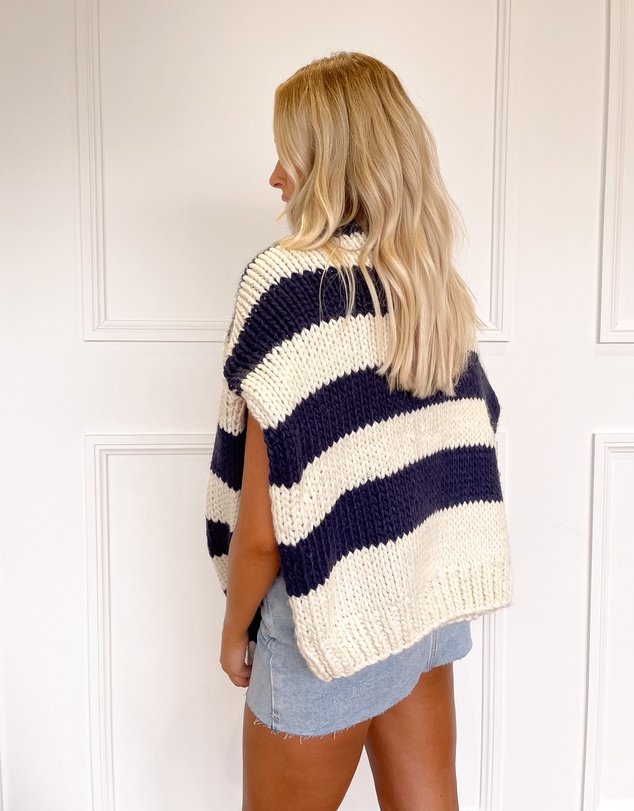 Beginning Boutique - Delvey Navy Striped Chunky Knit Sweater