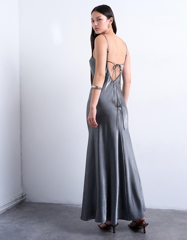 TOPSHOP - Halter Tie Neck Liquid Metallic Maxi Slip Dress