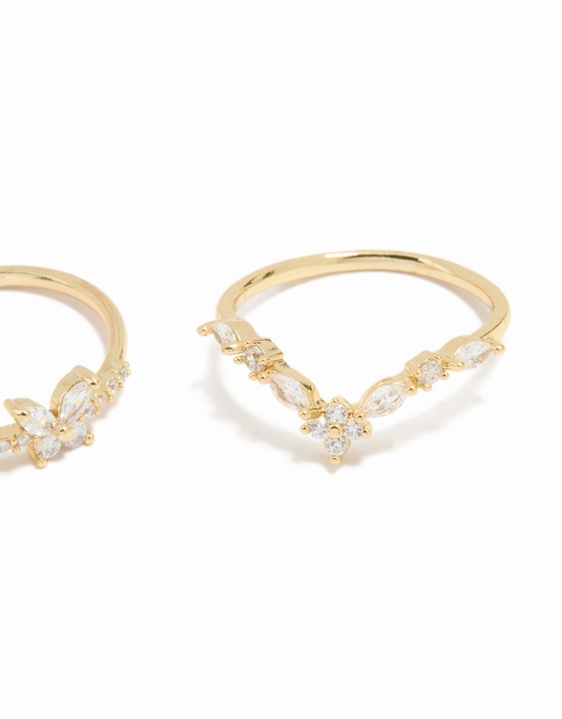 Lovisa - Gold Plated Cubic Zirconia Butterfly & Pointed Rings 3-Pack