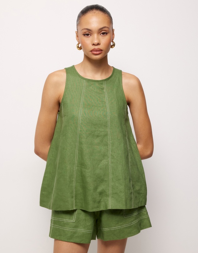 AERE - Contrast Stitch Linen Top