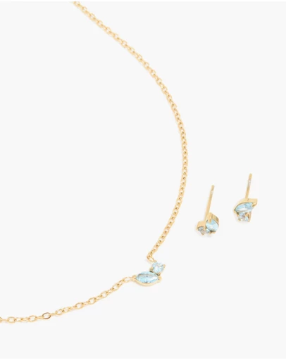 Lovisa - Waterproof Gold Plated Stainless Steel March Blue Cubic Zirconia Birthstone Necklace & Earrings Set