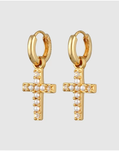 Haze & Glory - ICONIC EXCLUSIVE - Earrings Pearl Cross Gold Hoop in 925 Sterling Silver Gold Plated