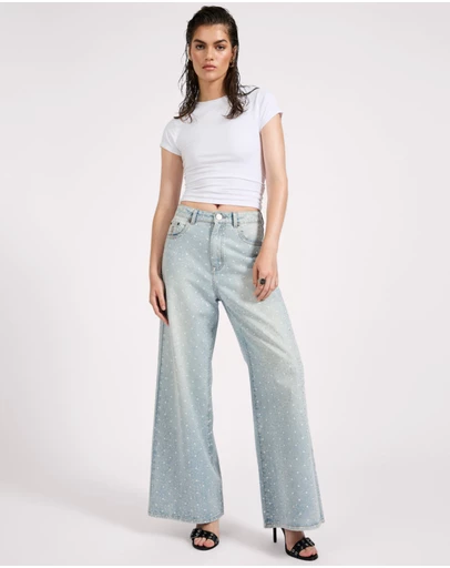 ONE TEASPOON - Love Machines Mid Waist Super Wide Leg Denim Jeans - Blue Sparkle