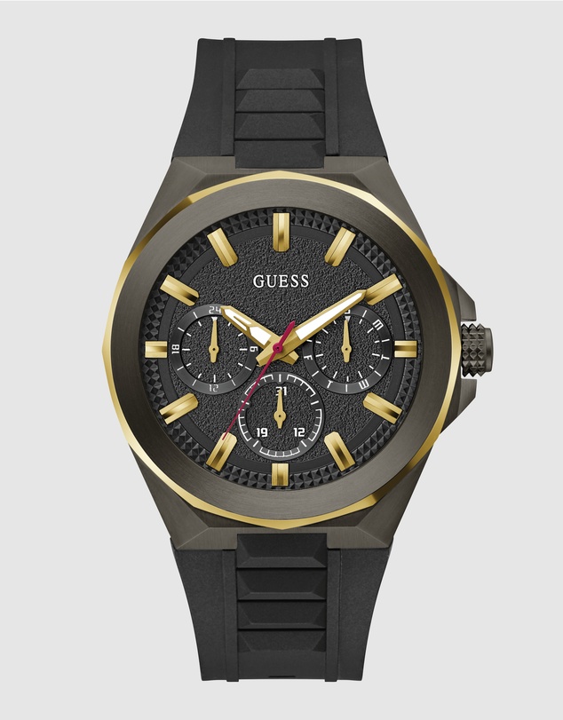 GUESS - Multifunction Gold-Tone 46mm Black Dial and Silicone Strap Men's Watch